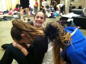 Erin, Katherine, and Valerie having fun waiting in the dressing room.